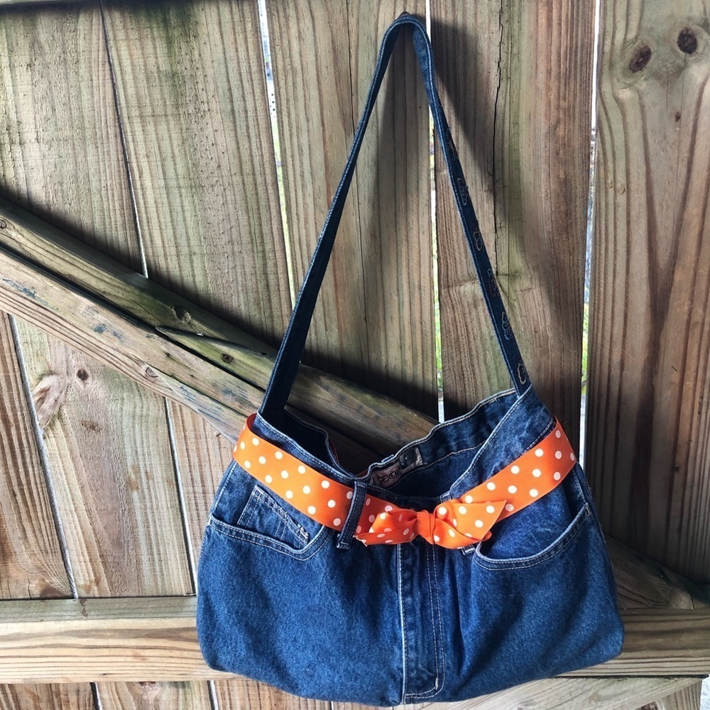 Second Generation Upcycled Denim Blue Jean Handbag with Orange Ribbon Belt